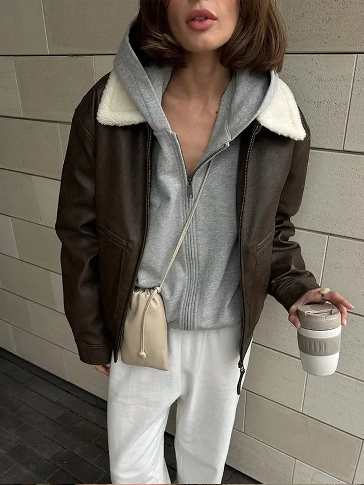 maoxiangshop  -  Solid Color Full Sleeve Zipper Faux Leather Jackets For Women Lamb Wool Lapel Demi-season Coats Autumn Warm New High Streetwear