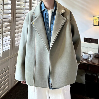 maoxiangshop MEN WINTER OUTFIT Winter Thickened Short Woolen Coat Men Warm Casual Zipper Woolen Jacket Men Korean Loose Thick Woolen Coat Mens Jackets Coat