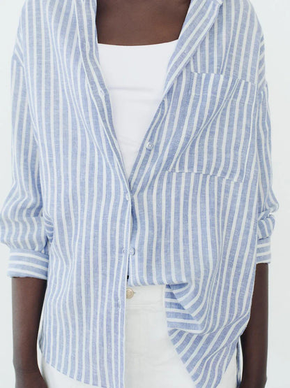 maoxiangshop  -  Striped Pocket Blouses Women 2024 New Single Breasted Long Sleeve Blouse Female Autumn Casual Simple Thin Lapel Collar Shirts