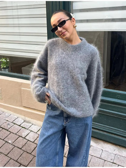 maoxiangshop -  Women Solid O-neck Mohair Knitted Sweater Autumn Fashion Long Sleeve Pullover Jumper Vintage Loose Basic Female Knitwear