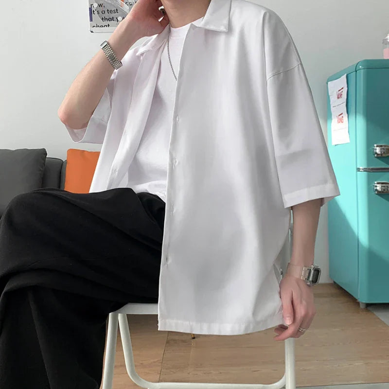 maoxiangshop Half Sleeve Shirts Men Clothing All-match Ulzzang Fashion Students Handsome Summer Thin Casual Simply Baggy Hemden Pure Color
