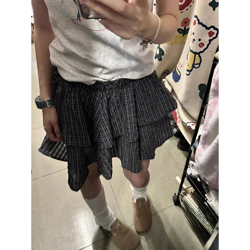 Vintage Plaid Mini Skirt Women Preppy Kawaii Ruffles Ball Gown Skirts Summer Japanese Harajuku High Waist A Line Skirt New