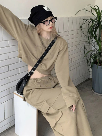 maoxiangshop-Retro Women Sets New Spring Autumn Fashion Long Sleeve Printed Top Pockets Split Long Skirt Solid Two Piece Sets Female