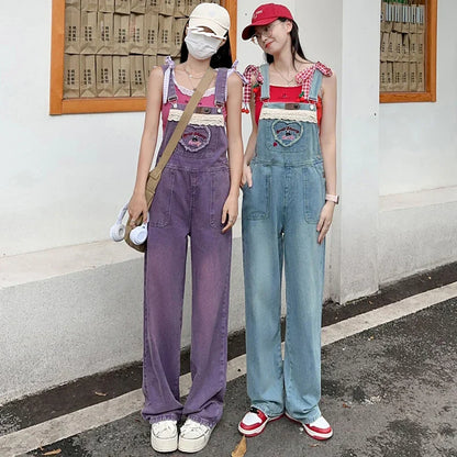 Y2k Purple Retro Overalls Baggy Jeans For Women's Fashion Summer Casual Female Romper Jumpsuit Denim Trousers Loose Pants Korean