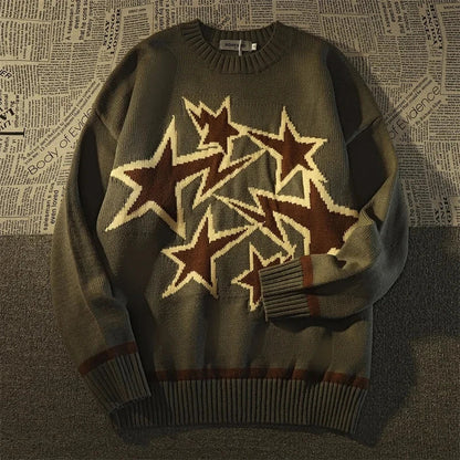 maoxiangshop Autumn and Winter Sweater Men Women American Style Star Print Loose Knitted Pullover High Street Harajuku Oversize Tops Y2K New