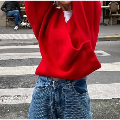 maoxiangshop  -  Loose Casual Red knitted Sweater Female 2024 Fashion Autumn Winter Long Sleeve Pullovers V Neck Splice Women's Solid Top