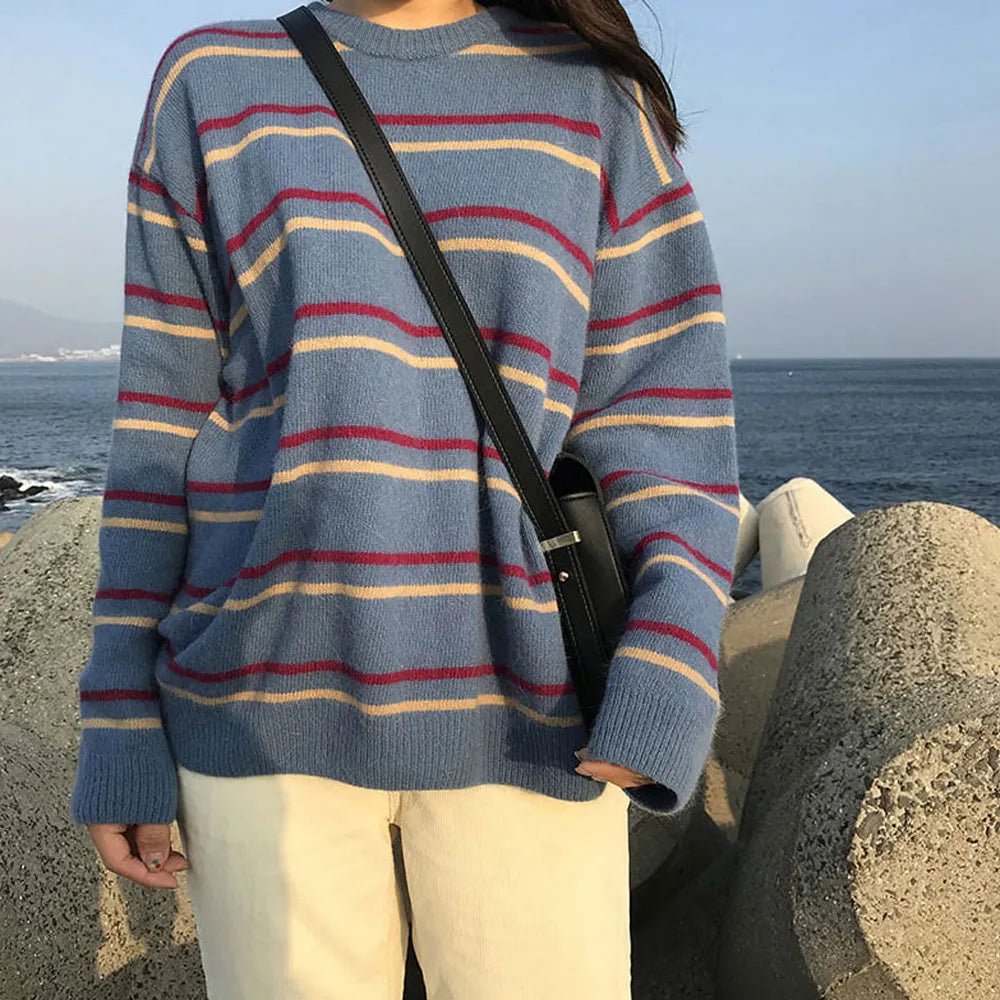 maoxiangshop Women Pullovers Crew-Neck Knitted Jumper New Student Striped Sweater Aesthetic  Outfit