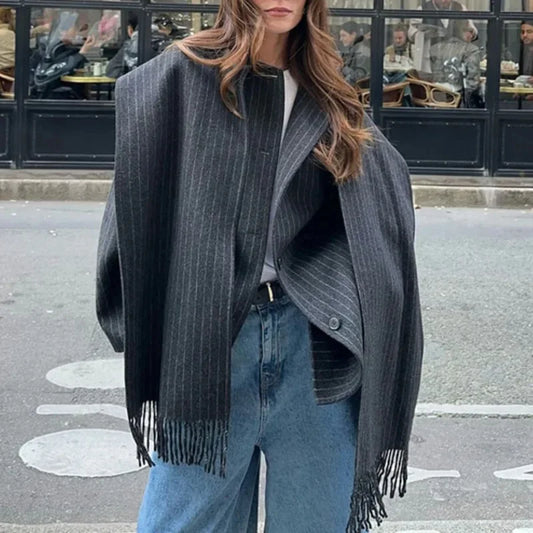 maoxiangshop  -  Fashion Striped Scarf Collar Short Jacket Women Elegant Wool Blend Single Breasted Crop Coat 2024 New Autumn Street Warm Outwear