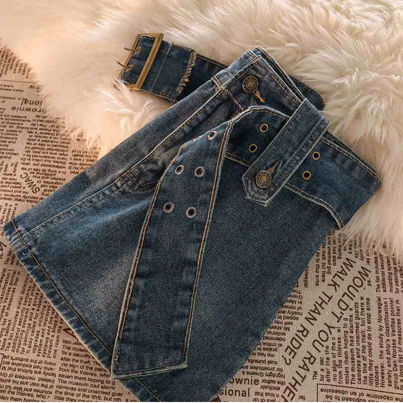 Vintage Denim Mini Skirts Women Summer Sexy Solid Belt Jeans Skirts Female Casual Ball Gown Korean Slim A Line Skirts