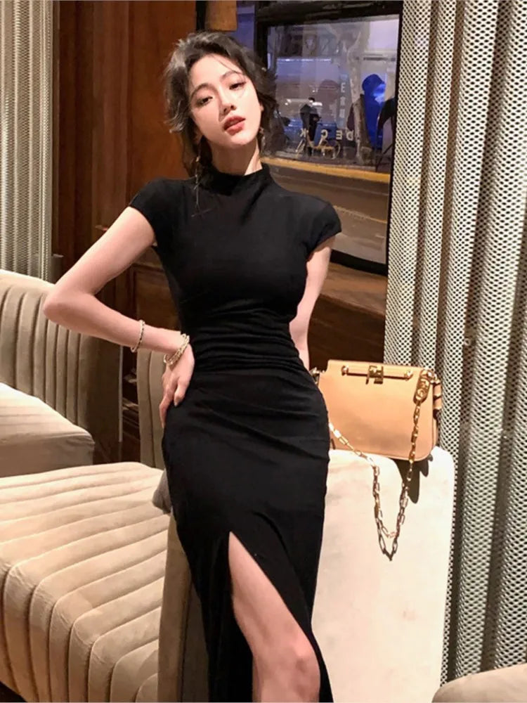 Women Sexy Bodycon Long Slim Dress Spring Summer New Short Sleeve Party Club Prom Elegant Black Clothes