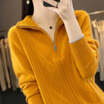 maoxiangshop 100% Merino Wool Women's Turtleneck Sweater Autumn Winter Casual Knit Loose Top Fashion Zipper Half Open Neck Cashmere Pullover