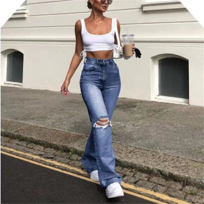 maoxiangshop new style micro-bladed jeans women's ripped European and American high-waisted wide-leg flared trousers all-match loose