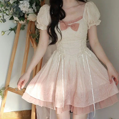 Bubble Sleeve Kawaii Lolita Mini Dress Women Pink Bow Princess Sweet Party Cute Dress A-Line Elegant Fairy Dress 2024 Spring New