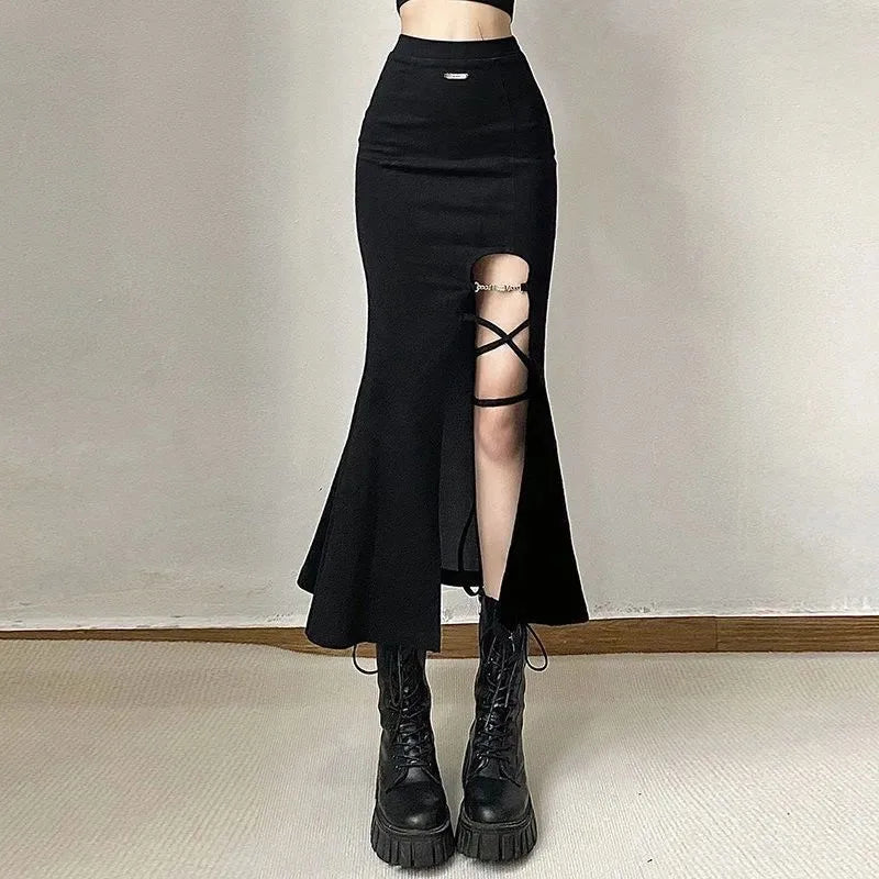 maoxiangshop High Waist Women Mermaid Skirts American Style Designed Bandage Split Midi Skirt Y2K Fashion Streetwear Female Skirts Spring New