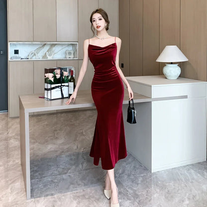 maoxiangshop Sexy Vintage Split Velvet Spaghetti Strap Midi Dresses for Women Autumn Winter French Elegant Wedding Party Female Clothing