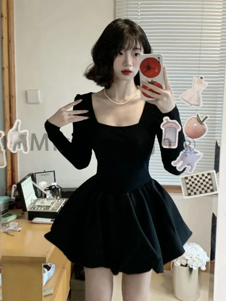 maoxiangshop Winter French Elegant One Piece Dress Women Black Patchwork Vintage Party Mini Dress Female Korean Style Sweet Chic Dress