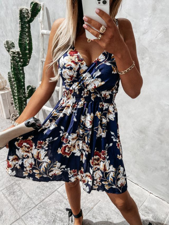 maoxiangshop sexy spaghetti strap Floral print beach mini dress women summer casual Elastic waist dresses for women robe femme