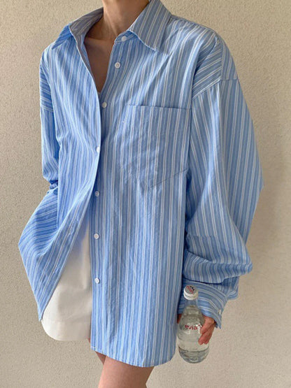 maoxiangshop  -  Pocket Striped Shirts For Women Autumn Classic Single Breasted Long Sleeve Blouses Casual Fashion Lapel Collar Blouse 2024 New