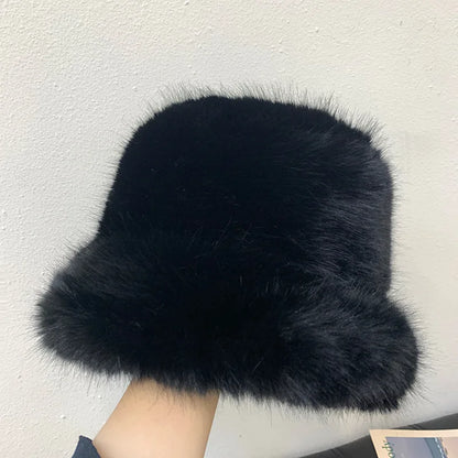 maoxiangshop y2k Fluffy Faux Fur Bucket Hat Women Rabbit Fur Warm Thick Plush Winter Hat Lady Luxury Fashion Furry Panama Fisherman Cap