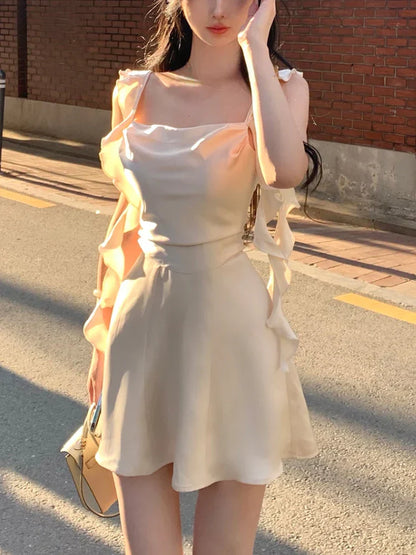 Elegant Sleeveless Satin Mini Dress Women  Summer Korean Short Design Spaghetti Strap Vintage Fairy Sweet Female Clothing