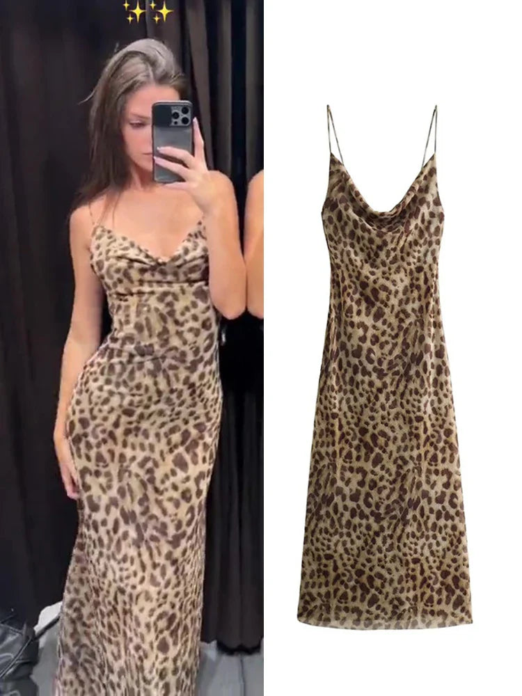 New Leopard Print Sling Maxi Dress For Women 2024 Summer Elegant Backless Sleeveless Slip Long Dress Female Sexy Party Vestidos