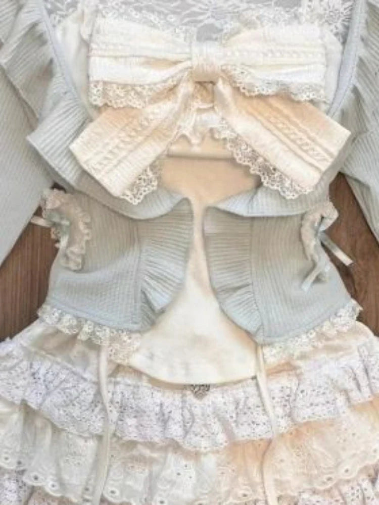 maoxiangshop  -  Sweet 3 Piece Sets Women Harajuku Ruffled Cardigan + Lace Patchwork Bow Vest + Mini Cake Skirts Cute Y2k Aesthetic Outfits Suit