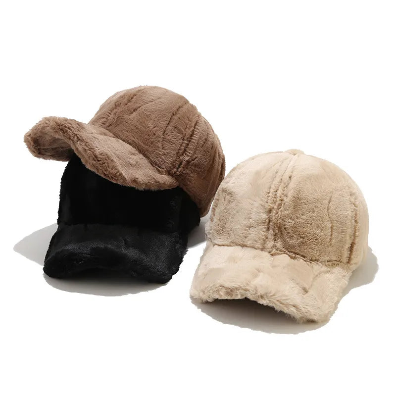 maoxiangshop New Fluffy Baseball Cap For Men Women Winter Thick Plush Peaked Hat Faux Fur Duck Tongue Caps Warm Ear Protection Bonnet