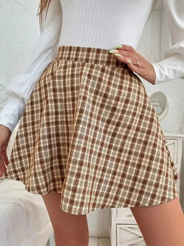 maoxiangshop New Women Fashion Vintage Plaid Casual With Skirt  Sweet Contrast Plaid Skirt A-line Skirt High Waist Skirt