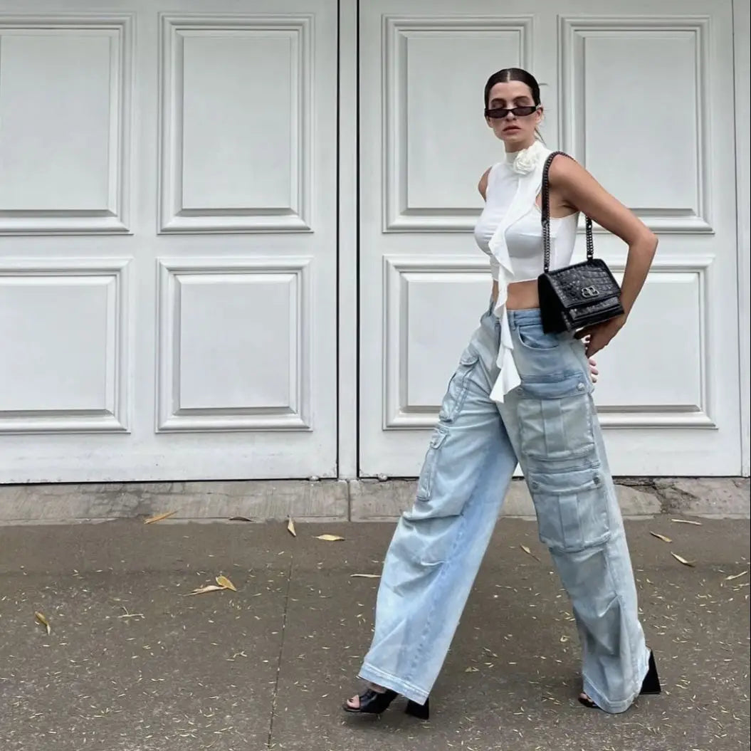 maoxiangshop -  Women Spring Fall Muti Pocket Cargo Wide Leg Denim Jeans Pants Trousers