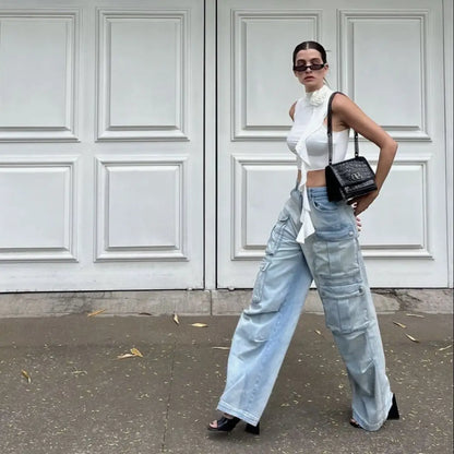 maoxiangshop -  Women Spring Fall Muti Pocket Cargo Wide Leg Denim Jeans Pants Trousers