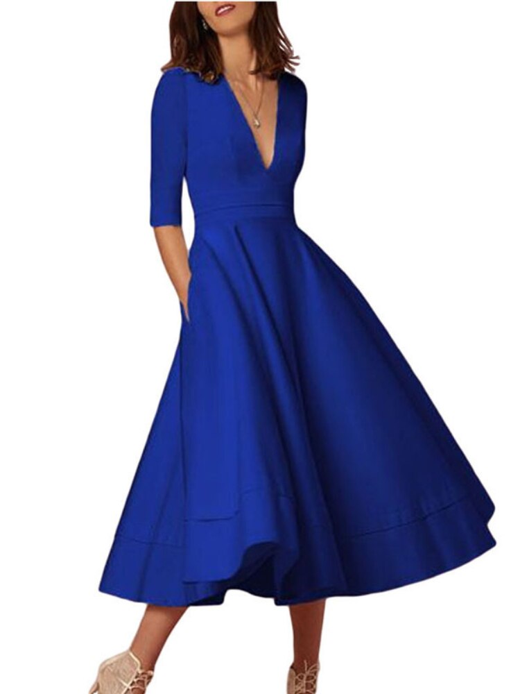 Spring and Summer New Ladies High-end Sexy Deep V Mid-sleeve Dress Retro Temperament Mid-length Solid Color Dress Female