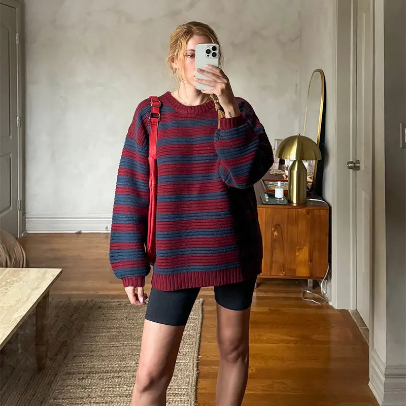 maoxiangshop -  Round Neck Contrasting Striped Sweater Women Loose Long Sleeved Warm Pullover Autumn Fashion Female Casual Jumper