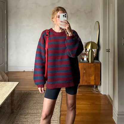 maoxiangshop -  Round Neck Contrasting Striped Sweater Women Loose Long Sleeved Warm Pullover Autumn Fashion Female Casual Jumper
