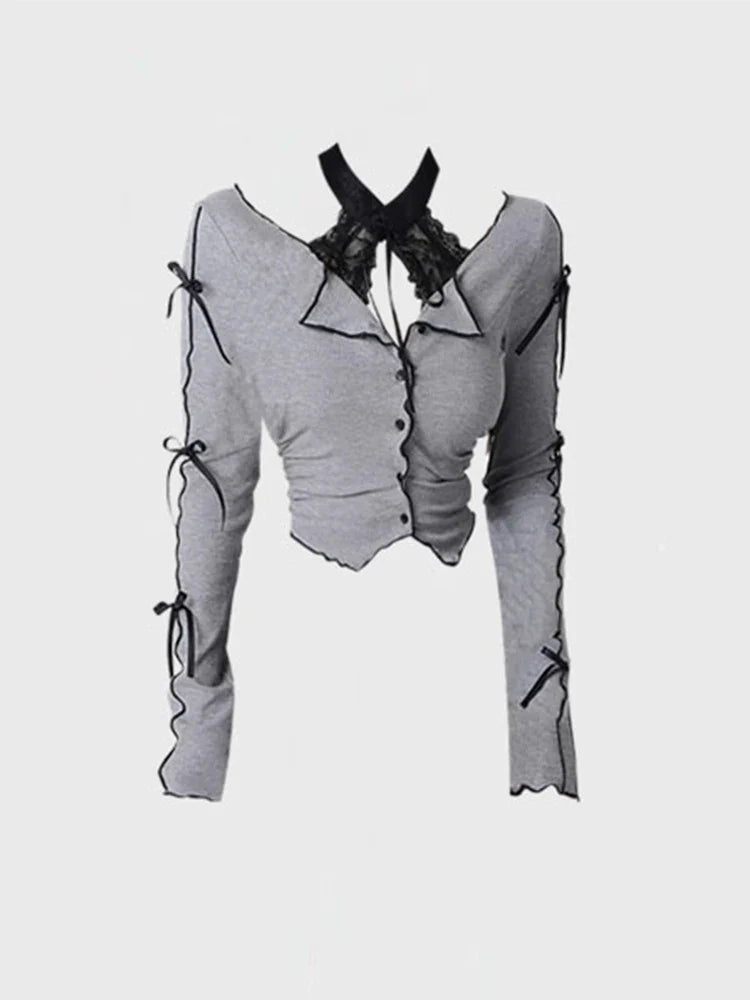 Fall Women Dark Academia Lace Halter Top Gyaru Coquette Girl Crop Top Kpop T-Shirts Ballet Core 2000s Hot Sexy Goth Korean Chic
