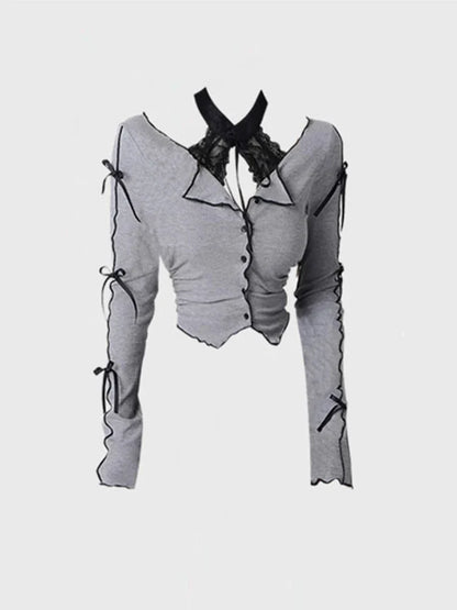 Fall Women Dark Academia Lace Halter Top Gyaru Coquette Girl Crop Top Kpop T-Shirts Ballet Core 2000s Hot Sexy Goth Korean Chic