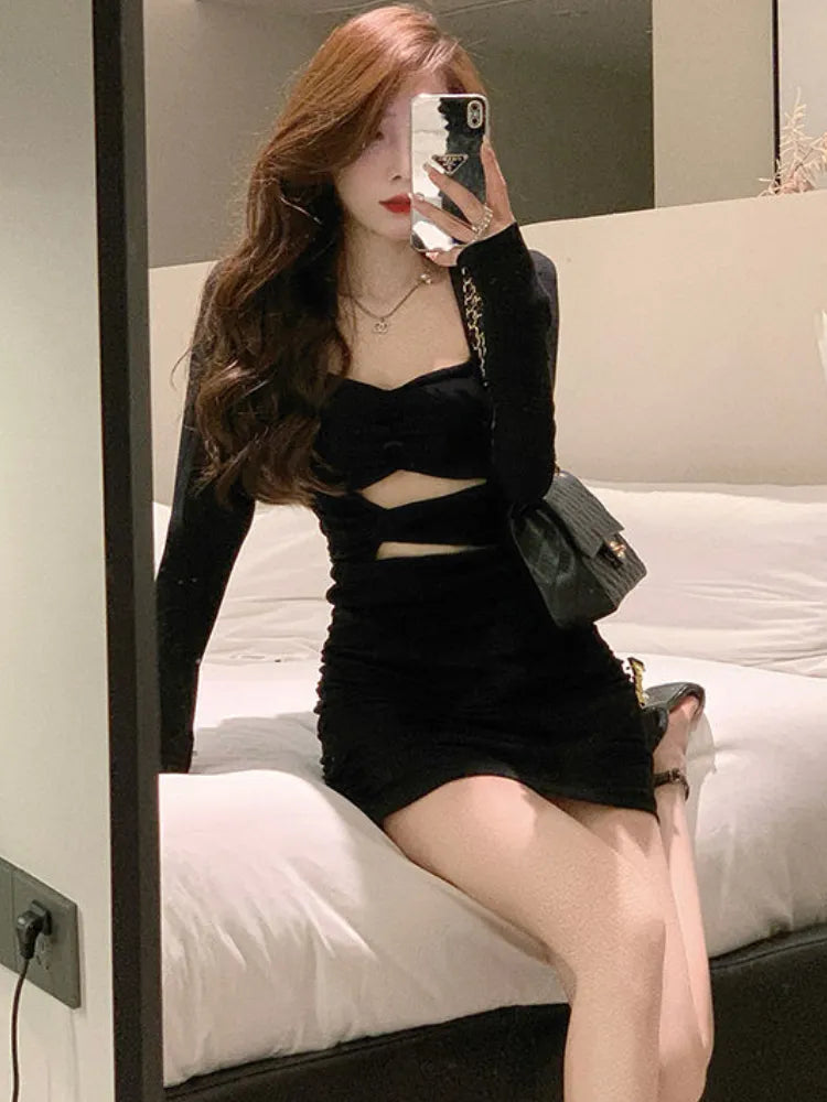 maoxiangshop Mini Dresses Women Sexy Slim Design Hot Girls Creativity Spring Folds Simple Chic Pure Club Ulzzang Leisure Vestidos Personality