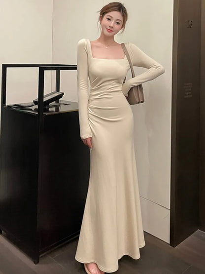 2023 Elegant Slim Waist Women Mermaid Dress French Square Neck Lady Party Solid Midi Dresses Vintage Long Sleeve Female Clothes