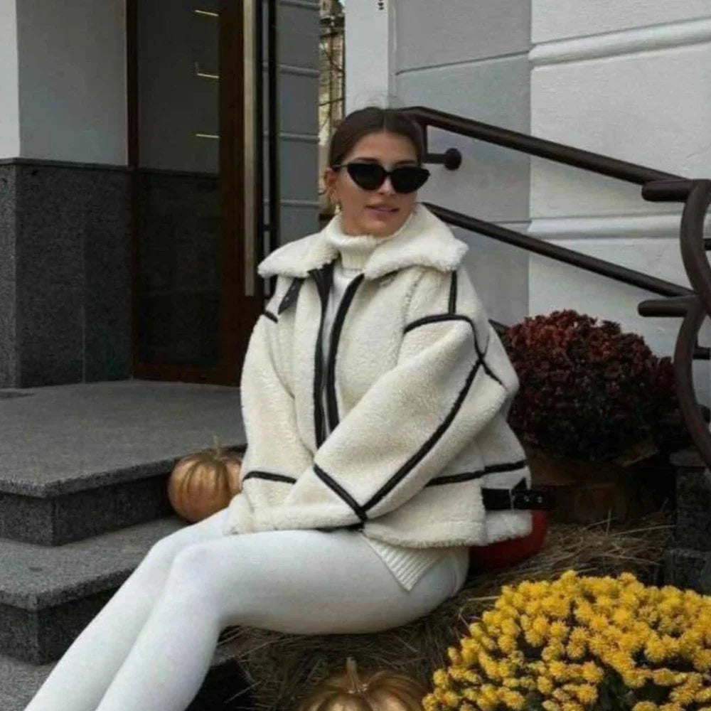 maoxiangshop  -  Winter Warm Lamb Wool Jacket Casual Loose Thick Coat Contrast Color One Piece Faux Fur Jacket Coat Plush Jacket Women