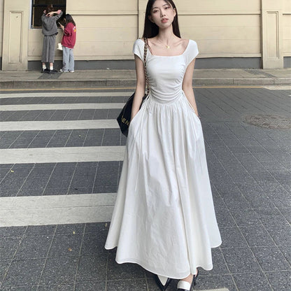 Elegant Dress Women White Sweet Kawaii Summer Midi Dress Korean Fashion Chic Shirring Square Collar Female Vestidos New