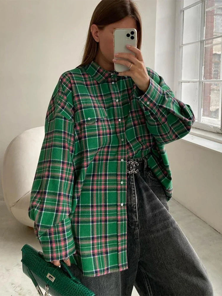 maoxiangshop -  Vintage Plaid Blouses Womans Loose Long Sleeve Shirt Autumn Winter Casual Single Breasted Shirt with Pockets Female Tops