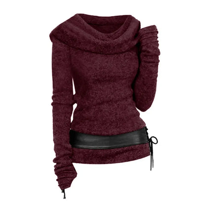 maoxiangshop S-2XL Hooded Cowl Front Belted Lace Up Sweater Women Knitwear For Fall Winter Fashion Hoodie Pullovers Female Long Sleeve Tops