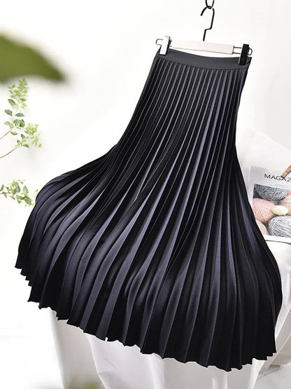 maoxiangshop Brand Designer Women Spring Autumn Elegant Chic Solid Pleated Skirt High Waist Luxury Fashion With Elastic Female