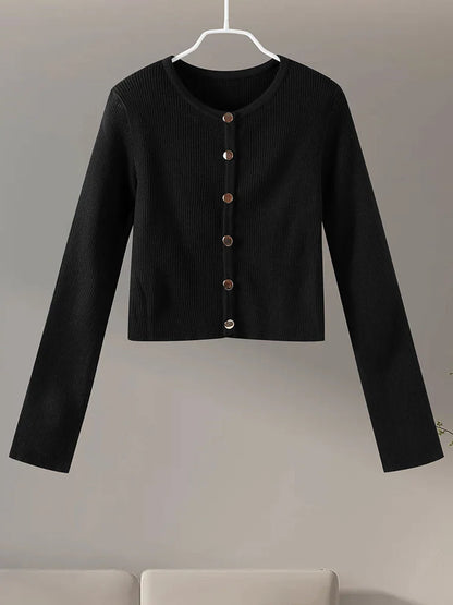 maoxiangshop  -  Elegant Women's Sets Autumn O-neck Buttons Black Knitted Cardigan Midi Skirts Suits Woman Sheath Elegant Solid Sets Office Lady