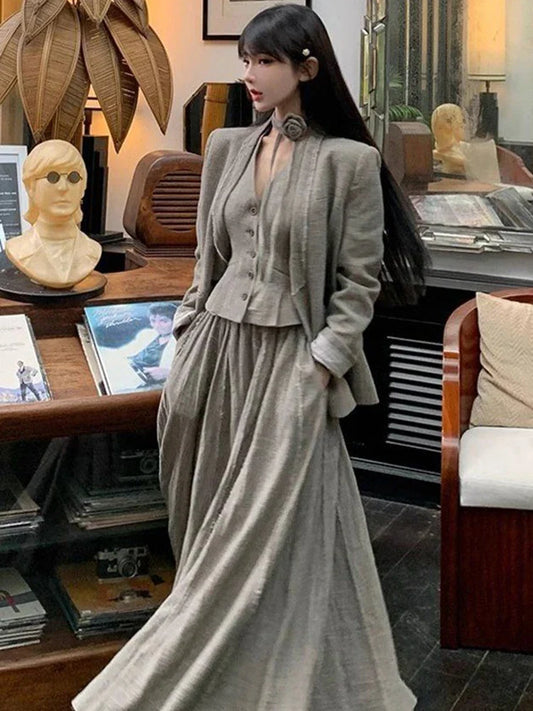 maoxiangshop  -  Autumn Winter Streetwear Small Fragrance 3 Piece For Women Jacket Coat Sleeveless Vest High Waist Pleated Skirt Long Skirts