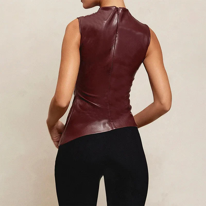 maoxiangshopPU Leather Tank Top High Fashion Asymmetrical Ruched Sleeveless Blouse Winter Sexy T Shirt For Women Y2K Clothes