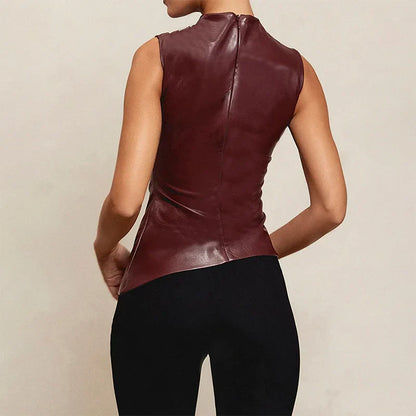 maoxiangshopPU Leather Tank Top High Fashion Asymmetrical Ruched Sleeveless Blouse Winter Sexy T Shirt For Women Y2K Clothes