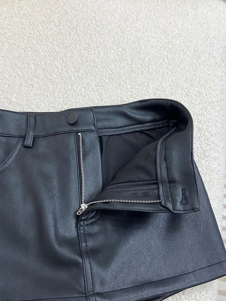 maoxiangshop Spring Summer Black Short Sexy Soft Mini Faux Leather Skirt Women with Pockets High Waist Hot Girl Runway Fashion