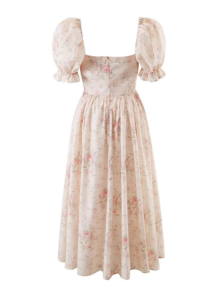 Summer Women Front Lace Up Floral Print Long Dress Elegant Square Neck Female Big Swing Holiday Party Dresses Prairie Chic Robe