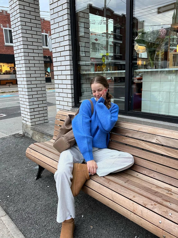 maoxiangshop -  Solid Round Neck Long Sleeved Sweater Women Loose Warm Knitwear Pullover Autumn Winter Fashion Female Commuter Jumper