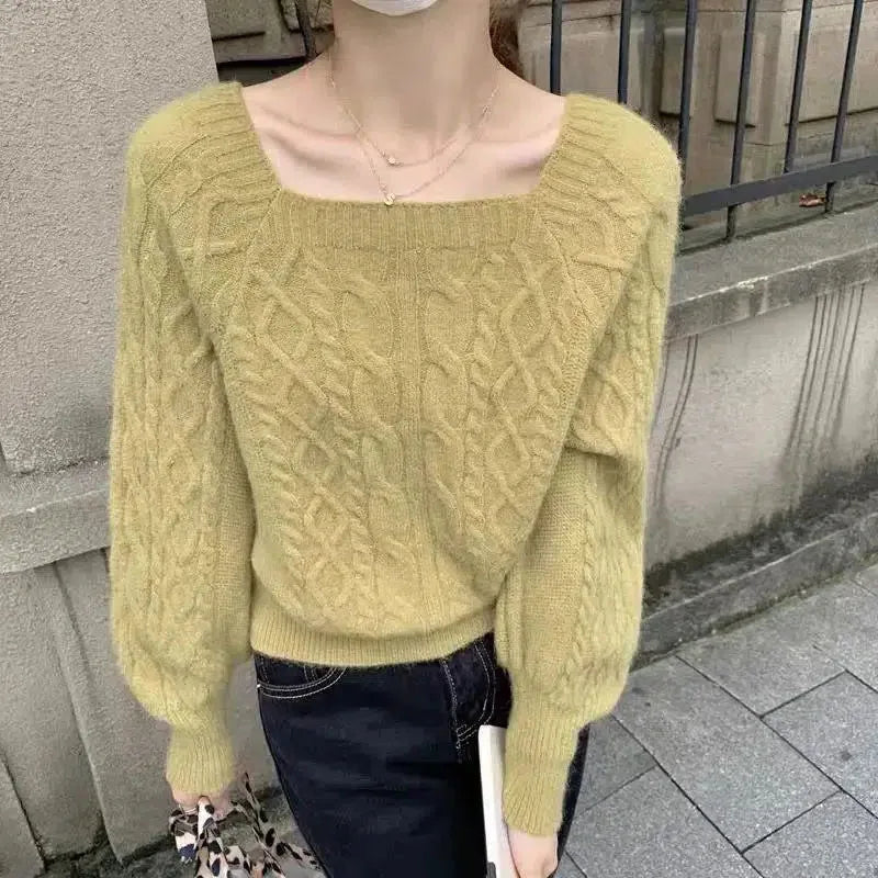 maoxiangshop Casual Knitted Sweater Women Pullover Autumn Winter Soft Thick Warm Wool Jumper Female All-Match Square Collar Sweaters